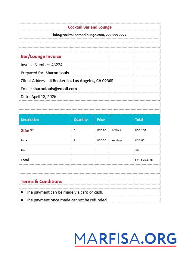 Printable BarLounge Invoice example